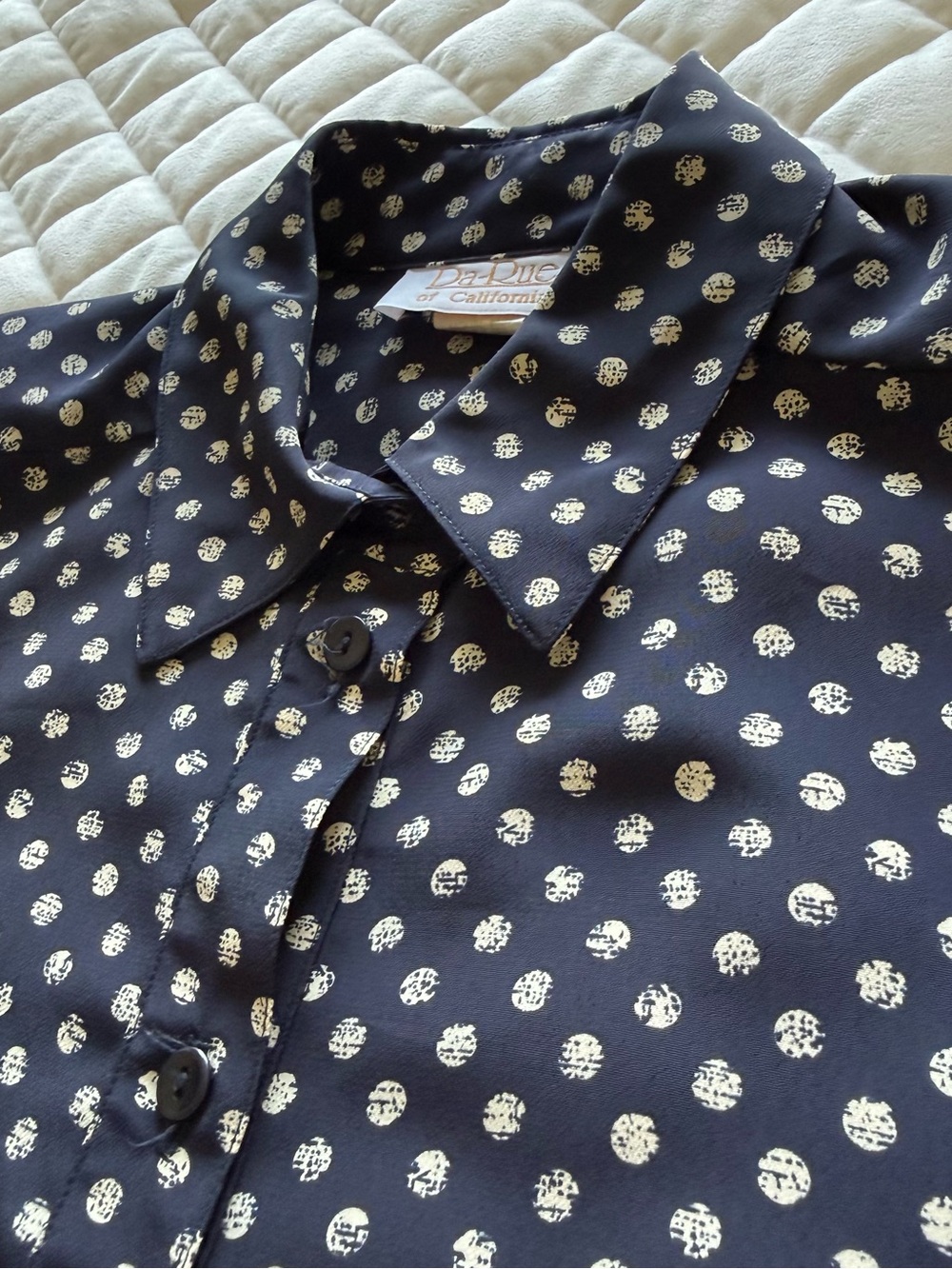 Vintage Da-Rue of California Navy Blue Polka Dot Button Down Blouse Size 10